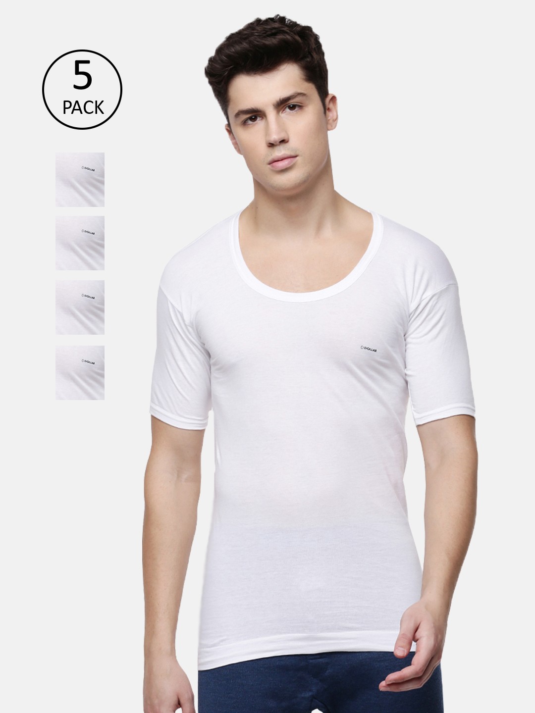 

Dollar Bigboss Men Solid Pack of 5 Combed Cotton Shrinkless Vest, White