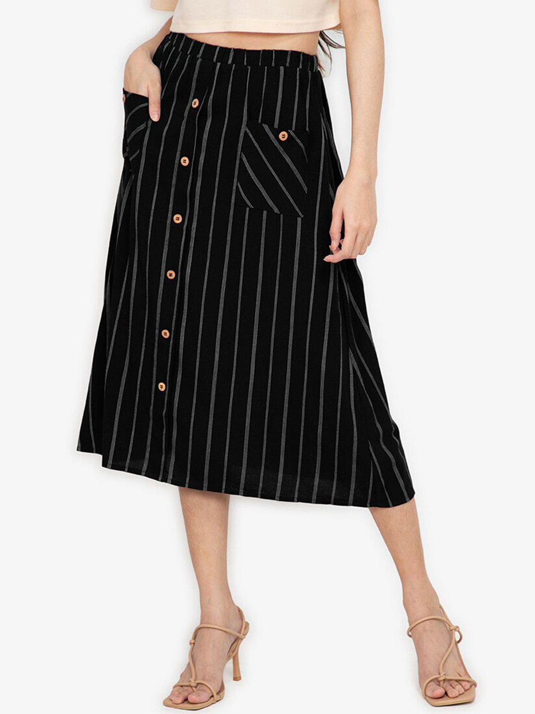 

ZALORA BASICS Women Black Striped A-line Button Down Midi Skirt