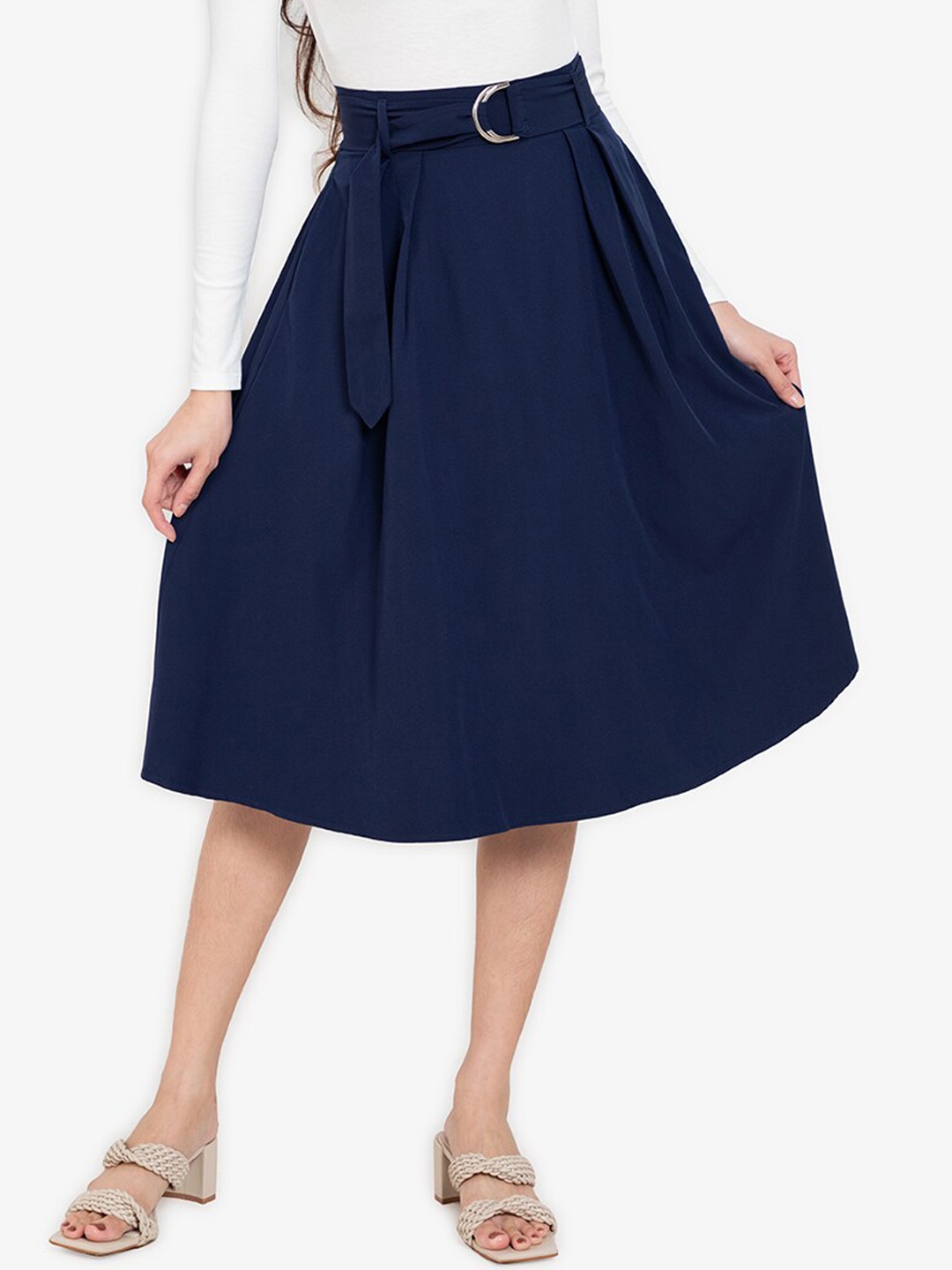 

ZALORA BASICS Women Blue Solid Flared Midi Formal Skirt