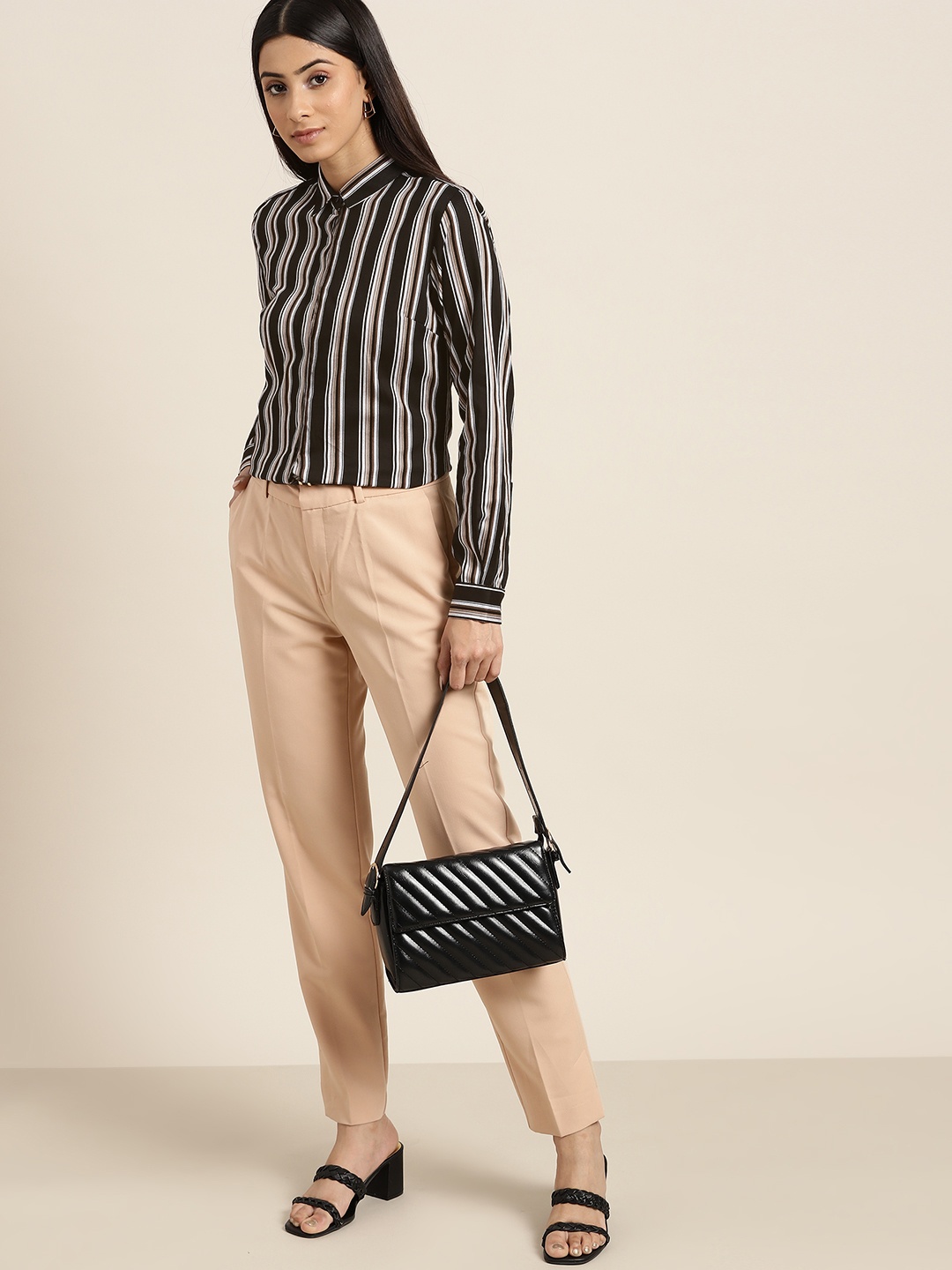 

Hancock Women Black & White Pure Cotton Slim Fit Striped Formal Shirt