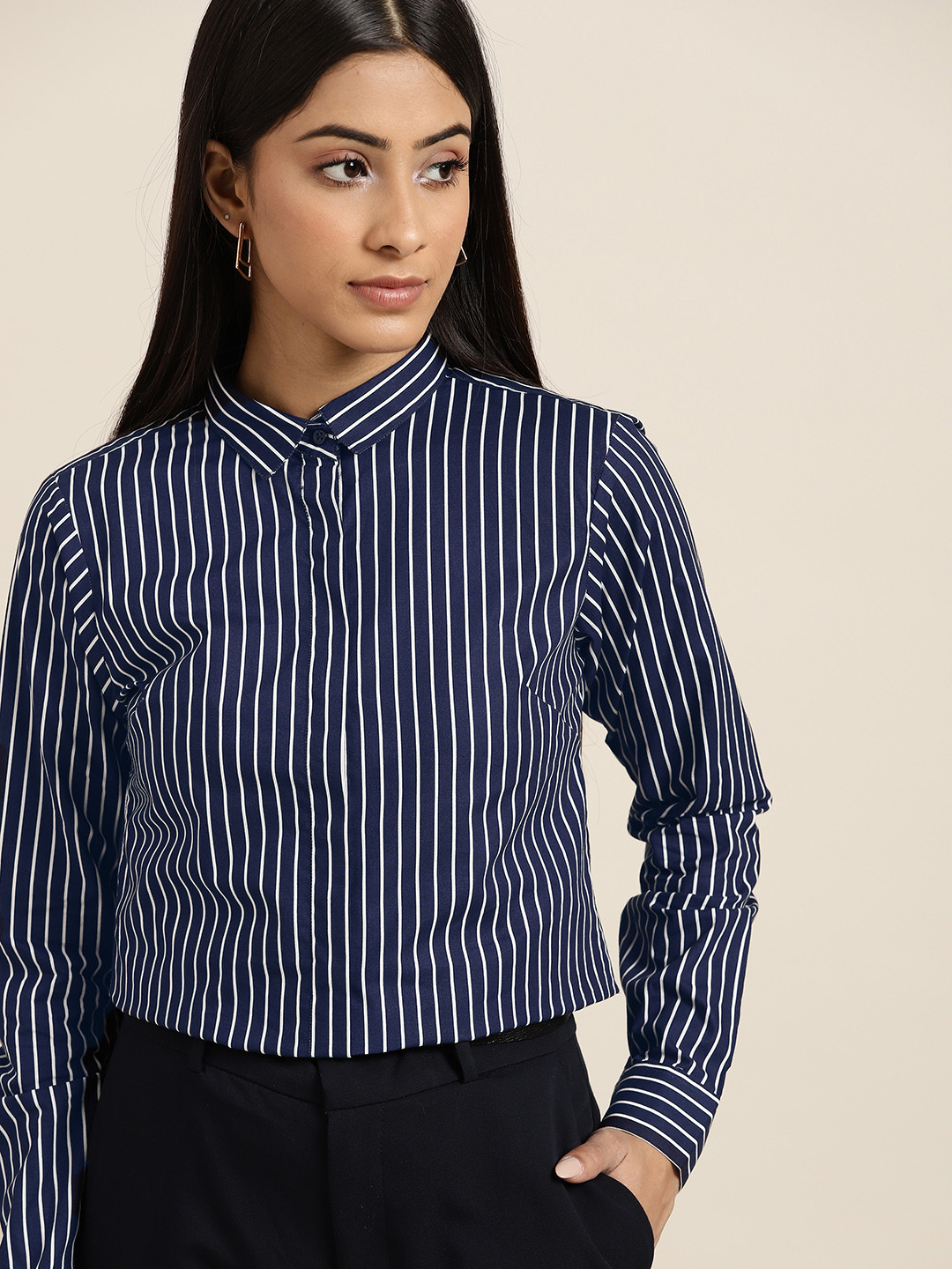

Hancock Women Navy Blue & Black Pure Cotton Slim Fit Striped Formal Shirt