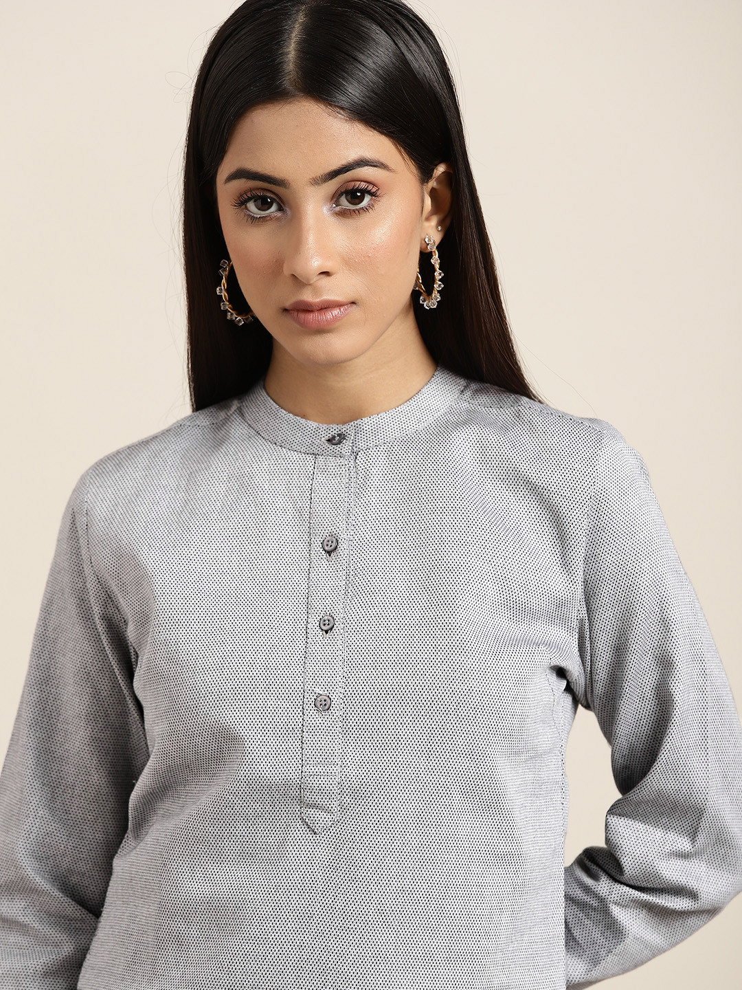 

Hancock Women Melange Grey Pure Cotton Shirt Style Formal Top, Grey melange
