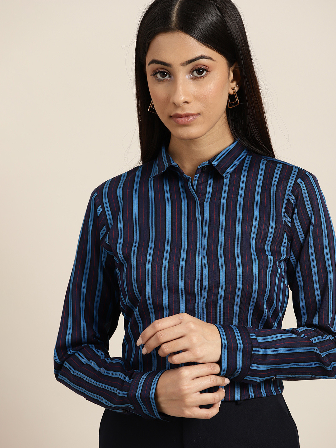 

Hancock Women Navy Blue Pure Cotton Slim Fit Striped Formal Shirt