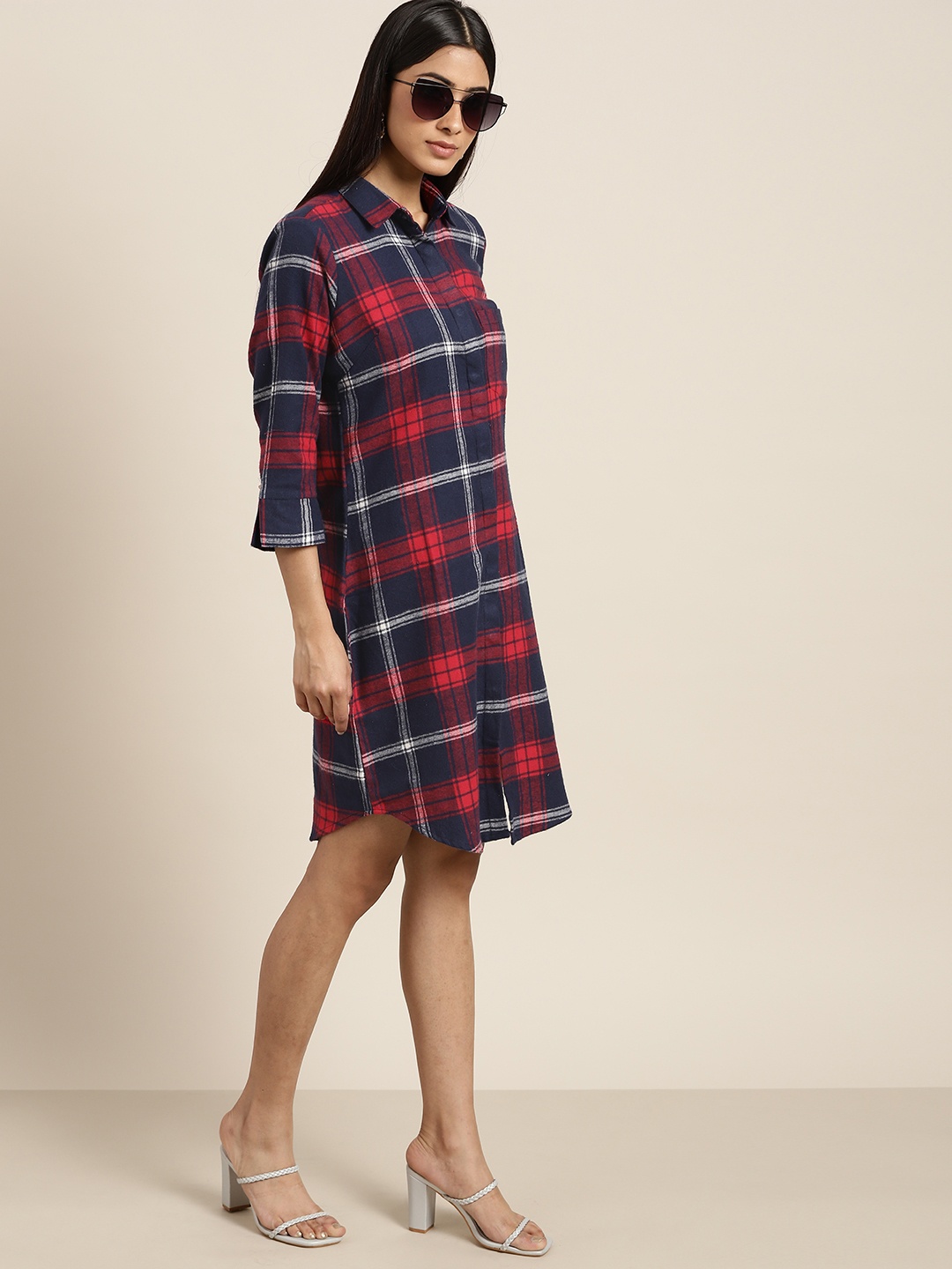 

Hancock Women Navy Blue & Red Checked Pure Cotton Shirt Dress