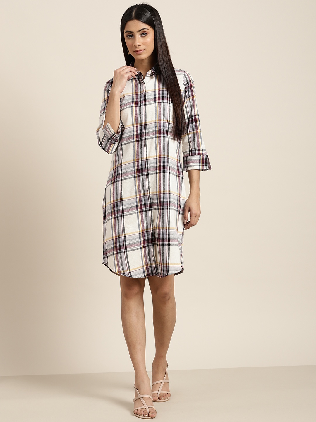 

Hancock Women Beige & Black Checked Pure Cotton Shirt Dress