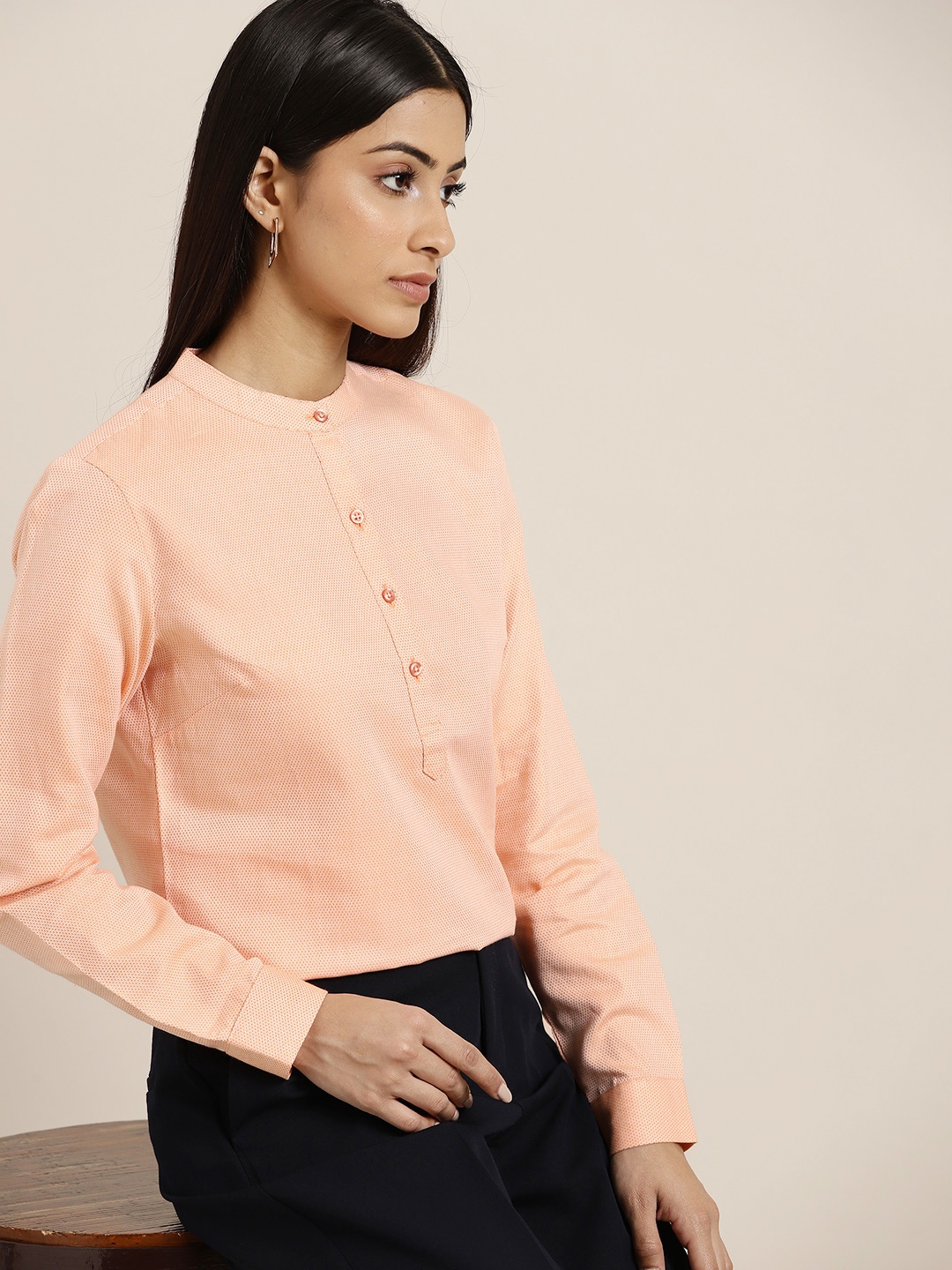 

Hancock Women Peach Solid Pure Cotton Shirt Style Formal Top