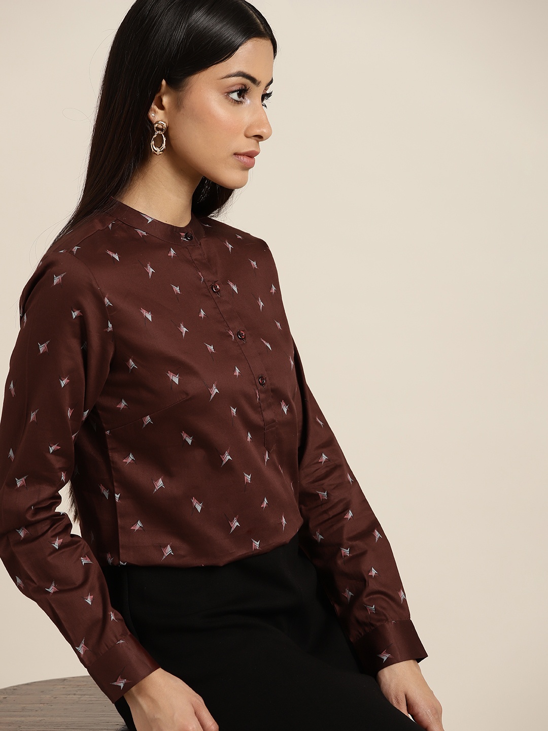 

Hancock Women Maroon Conversational Print Mandarin Collar Shirt Style Top