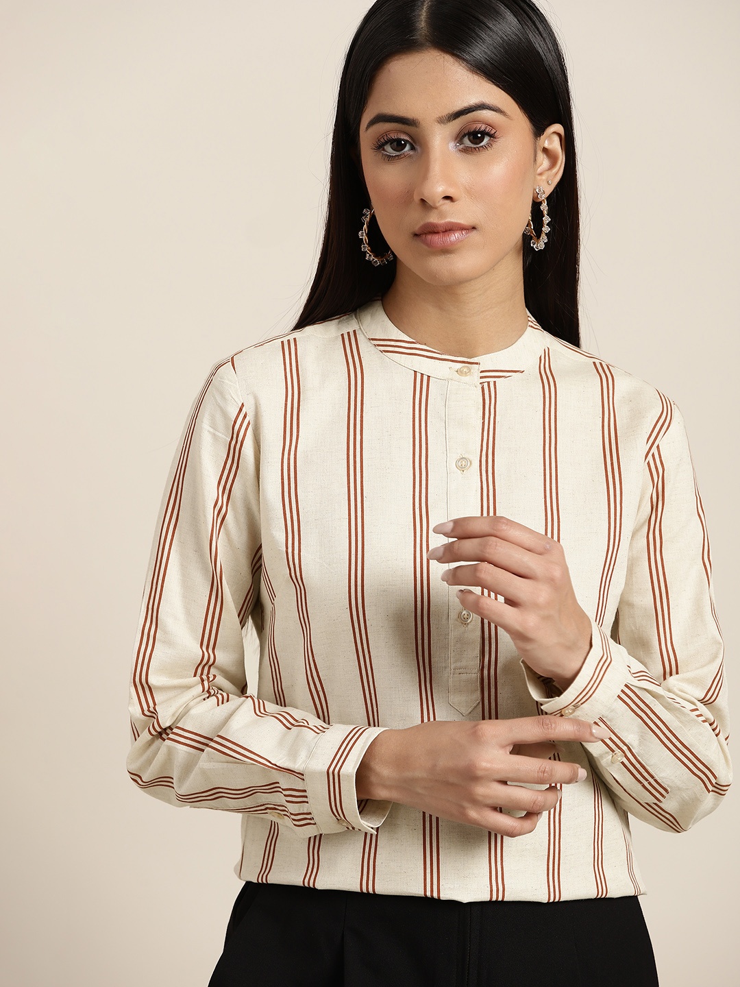 

Hancock Women Beige & White Pure Cotton Striped Shirt Style Top