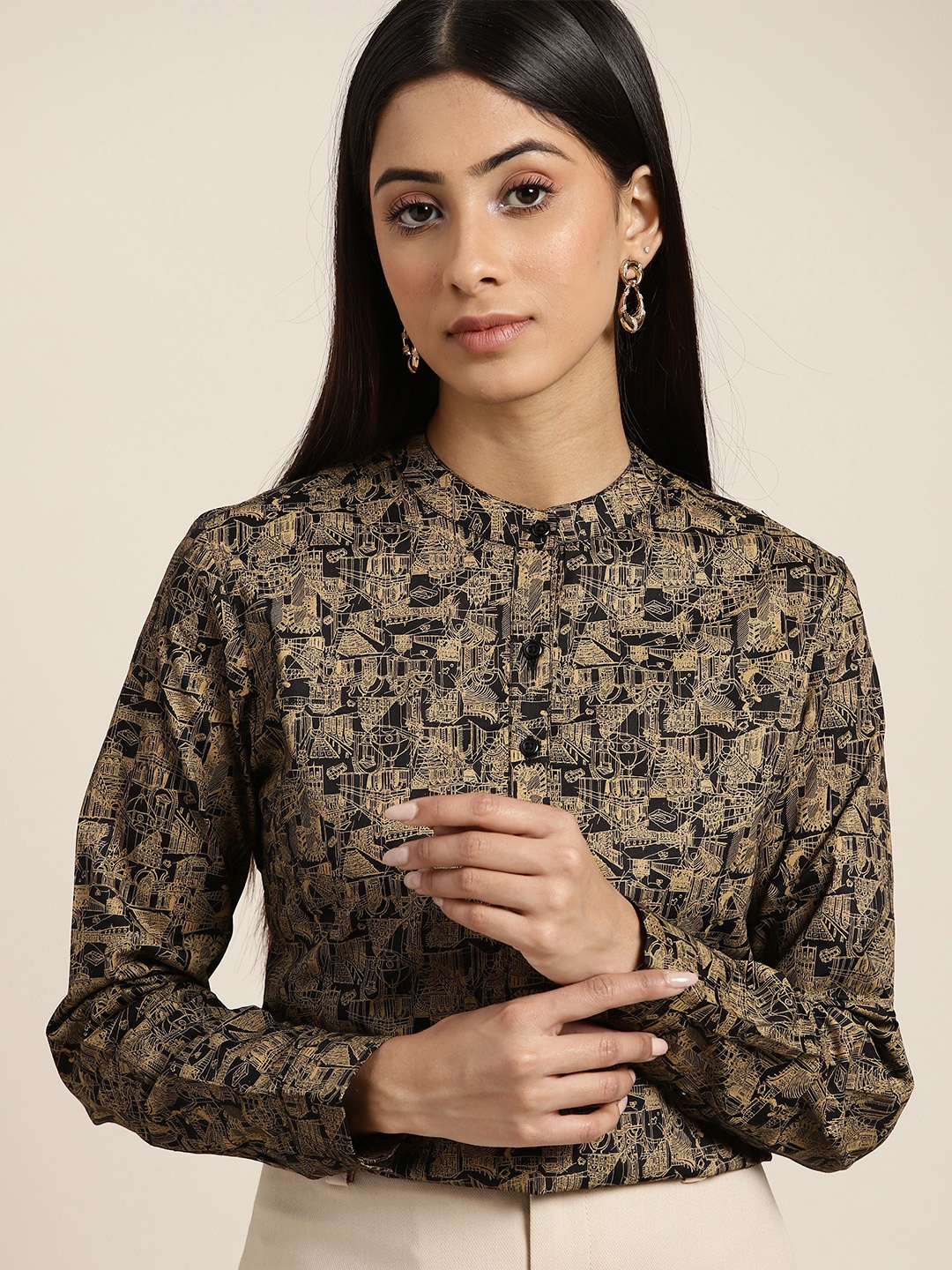 

Hancock Women Black Printed Formal Shirt