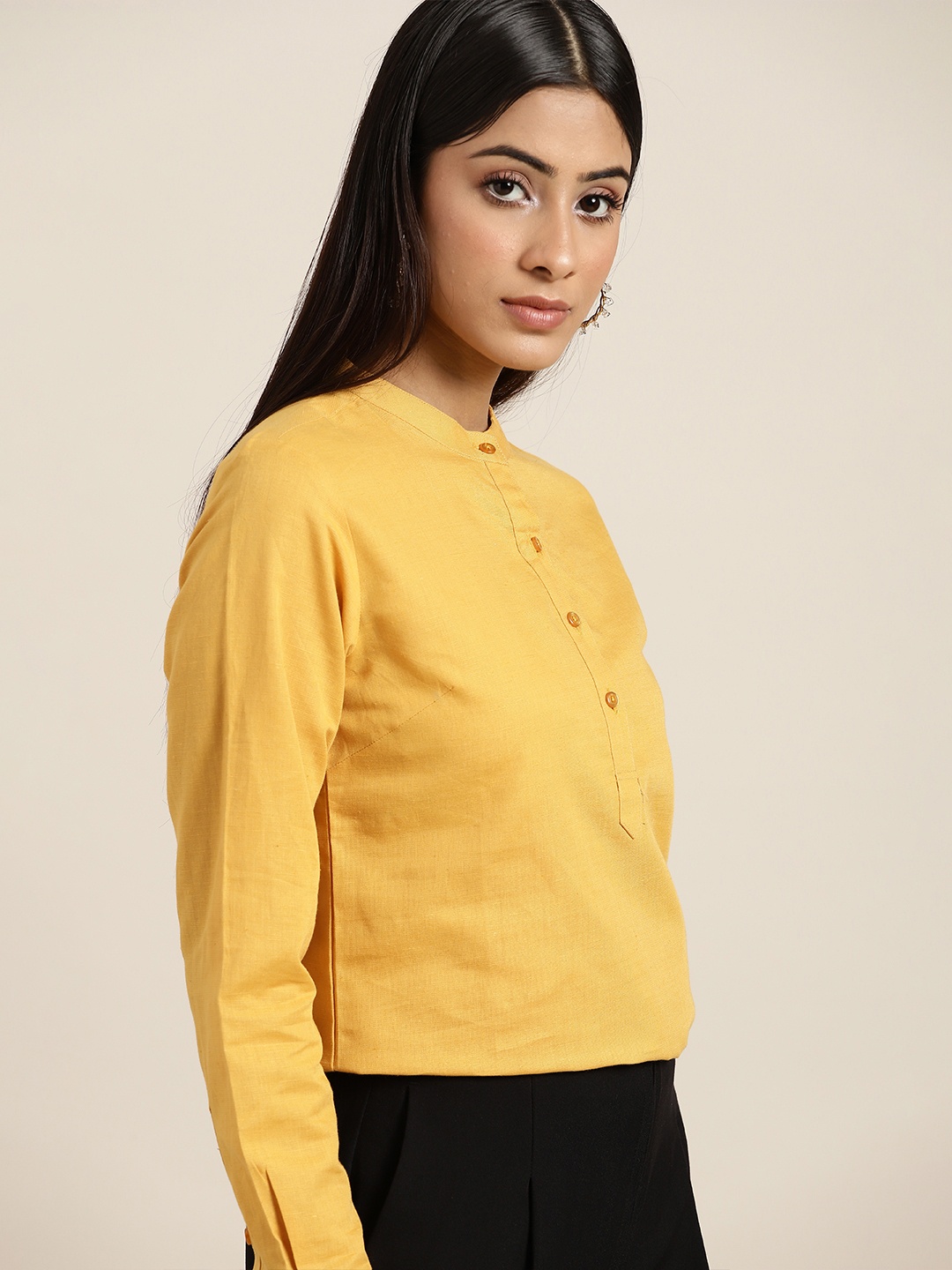 

Hancock Women Mustard Yellow Pure Cotton Textured Shirt Style Formal Top