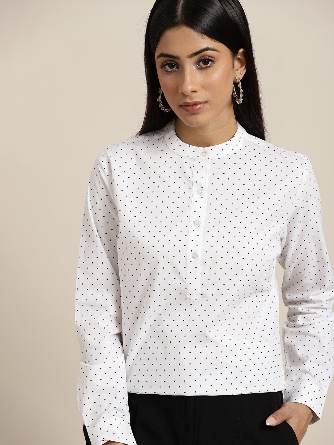 

Hancock Women White Polka Dot Printed Pure Cotton Shirt Style Formal Top