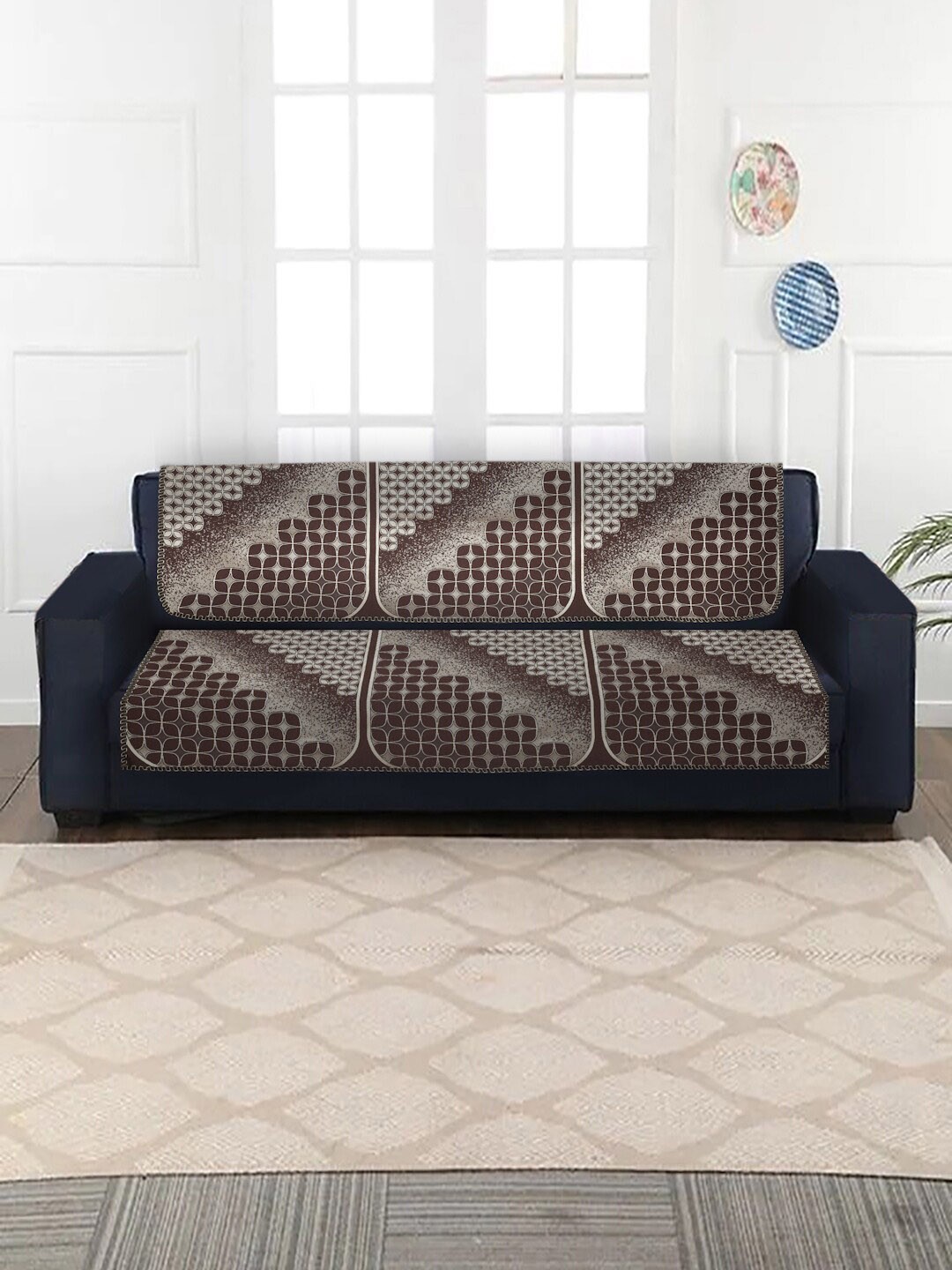 

MULTITEX Brown 10 Pcs Geometric Jacquard 5-Seater Sofa Covers