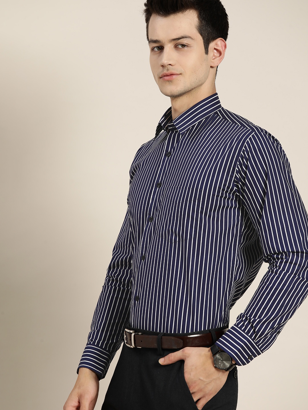 

Hancock Men Navy Blue Striped Pure Cotton Slim Fit Formal Shirt