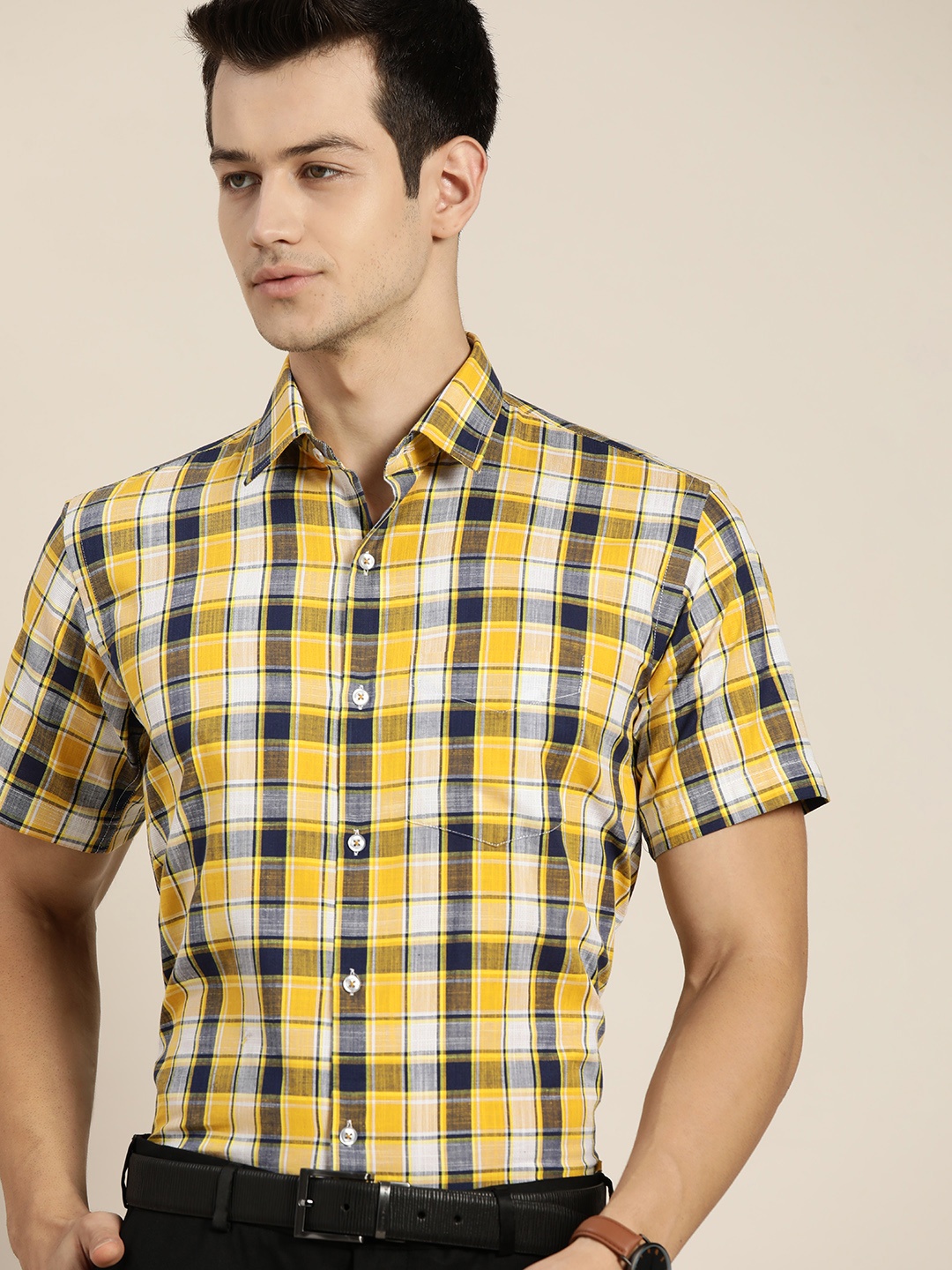 

Hancock Men Yellow & White Checked Pure Cotton Slim Fit Formal Shirt