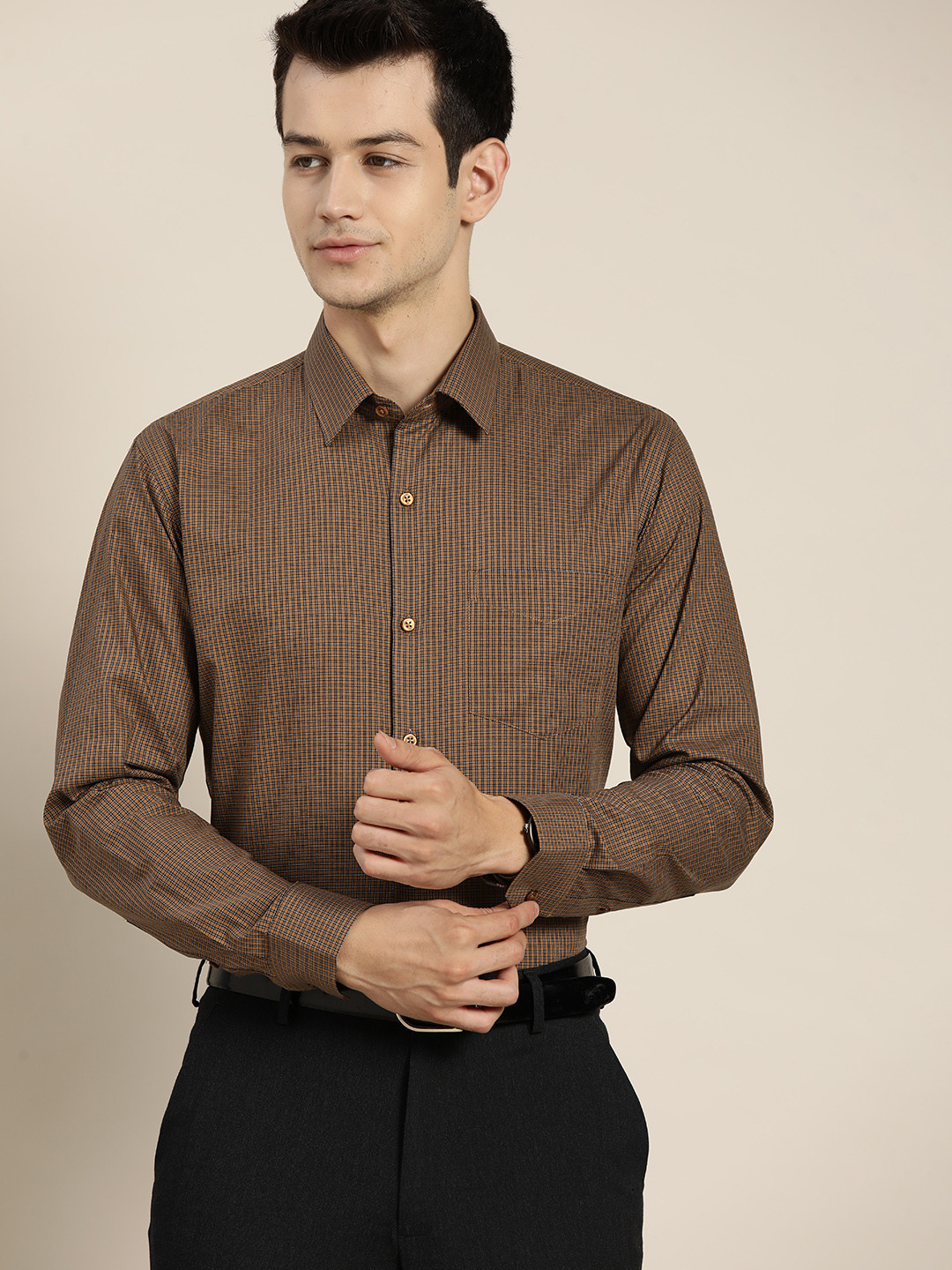 

Hancock Men Mustard Brown Checked Slim Fit Pure Cotton Formal Shirt
