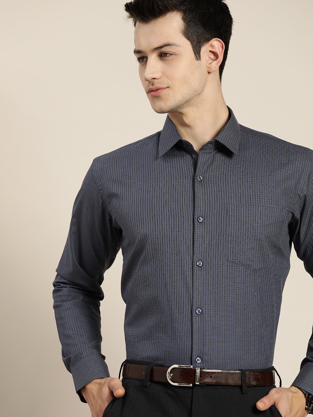 

Hancock Men Charcoal Grey Checked Pure Cotton Slim Fit Formal Shirt