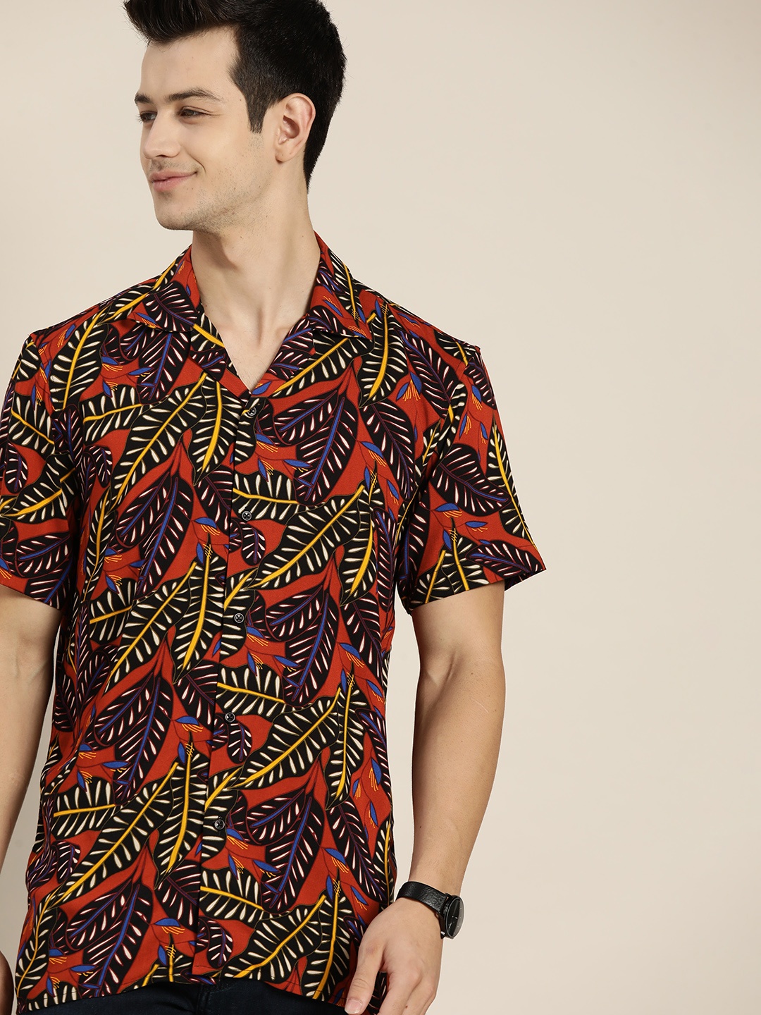 

Hancock Men Black & Orange Relaxed Printed Casual Shirt