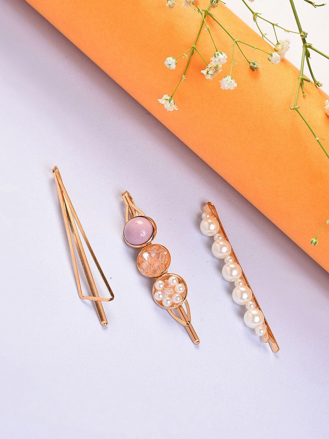 

SOHI Women Gold-Toned & White Set of 3 Embellished Bobby Pins