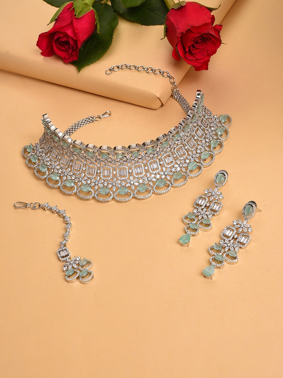 

SOHI Silver-Plated White & Green Stone-Studded Jewellery Set