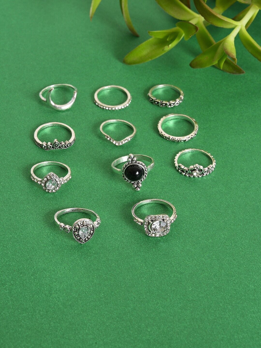 

SOHI Set Of 11 Silver-Plated White Stone-Studded Finger Rings