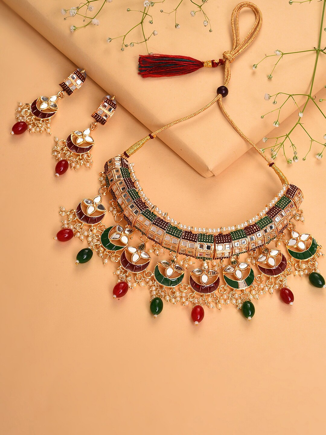 

SOHI Gold-Plated Mirror Studded Red & Green Beaded Jewellery Set