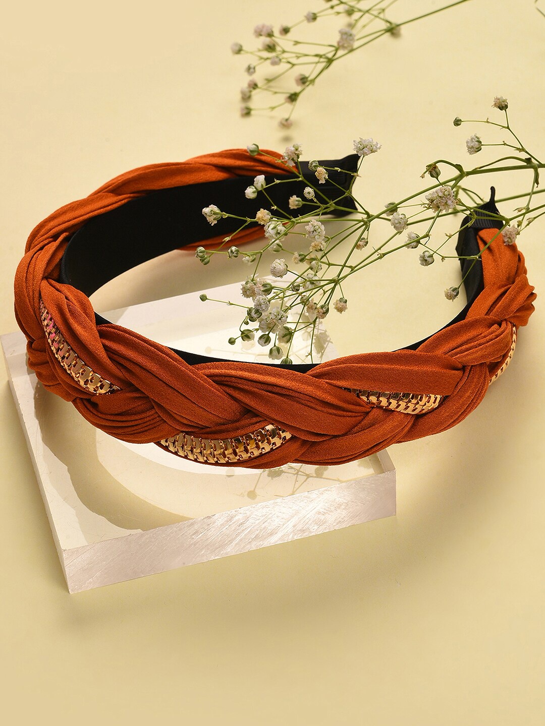 

SOHI Women Brown & Gold-Toned Embellished Braided Hairband