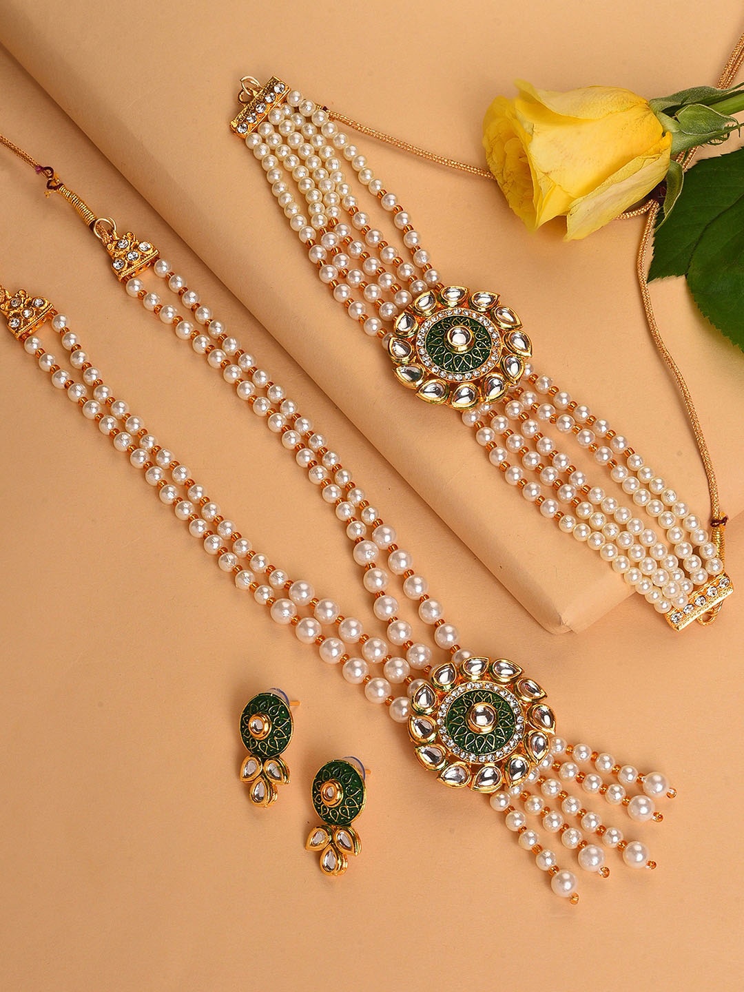 

SOHI Gold-Plated White & Green Pearl Studded & Beaded Jewellery Set