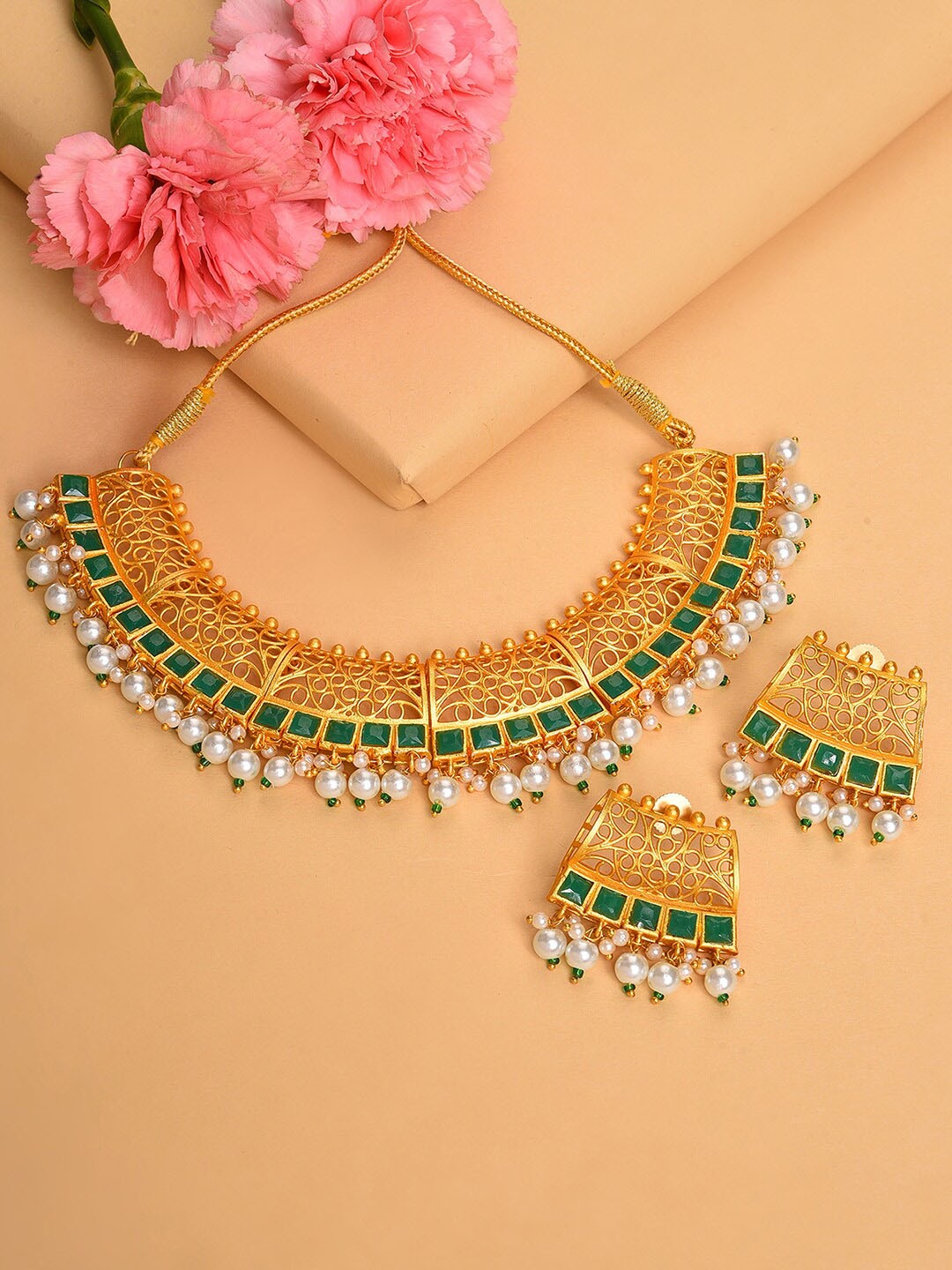 

SOHI Gold-Plated Green Stone Beaded Jewellery Set