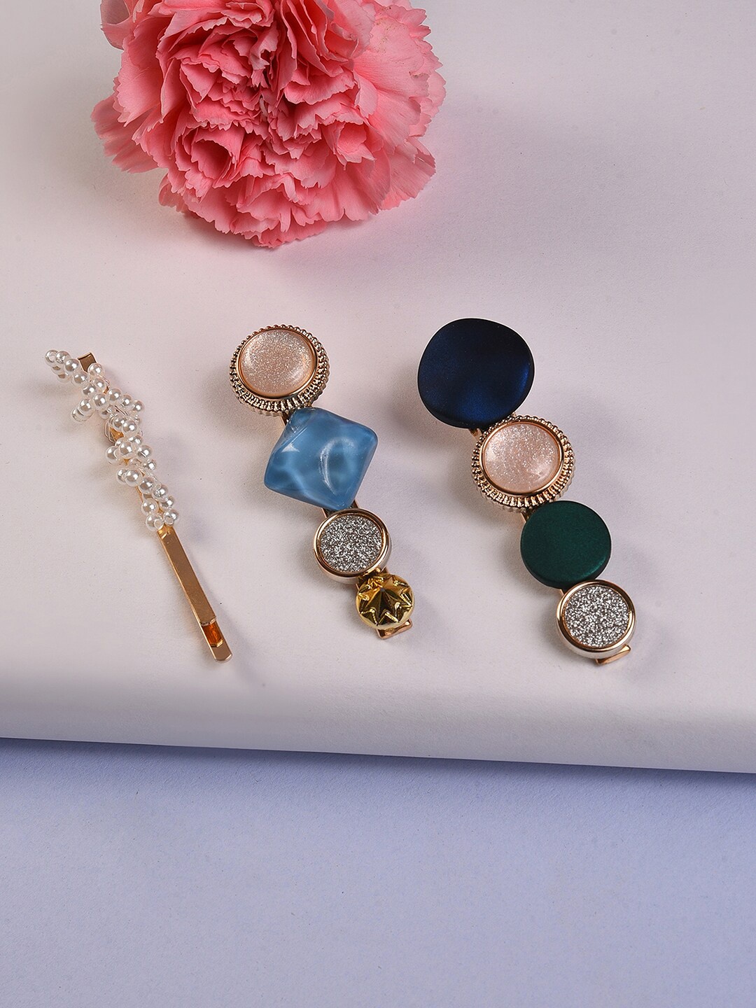 

SOHI Women Set of 3 Gold-Plated Embellished Hair Pins
