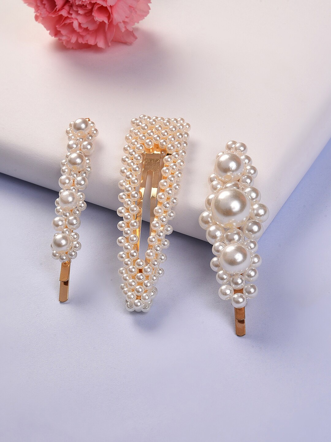 

SOHI Women Set of 3 Gold-Plated White Pearls Beaded Hair Pins