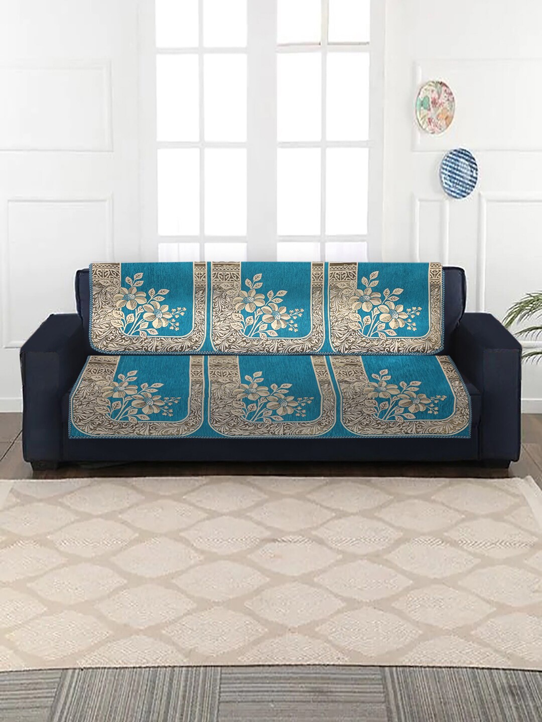 

MULTITEX Set of 10 Blue & Beige Jacquard 5 Seater Sofa Covers