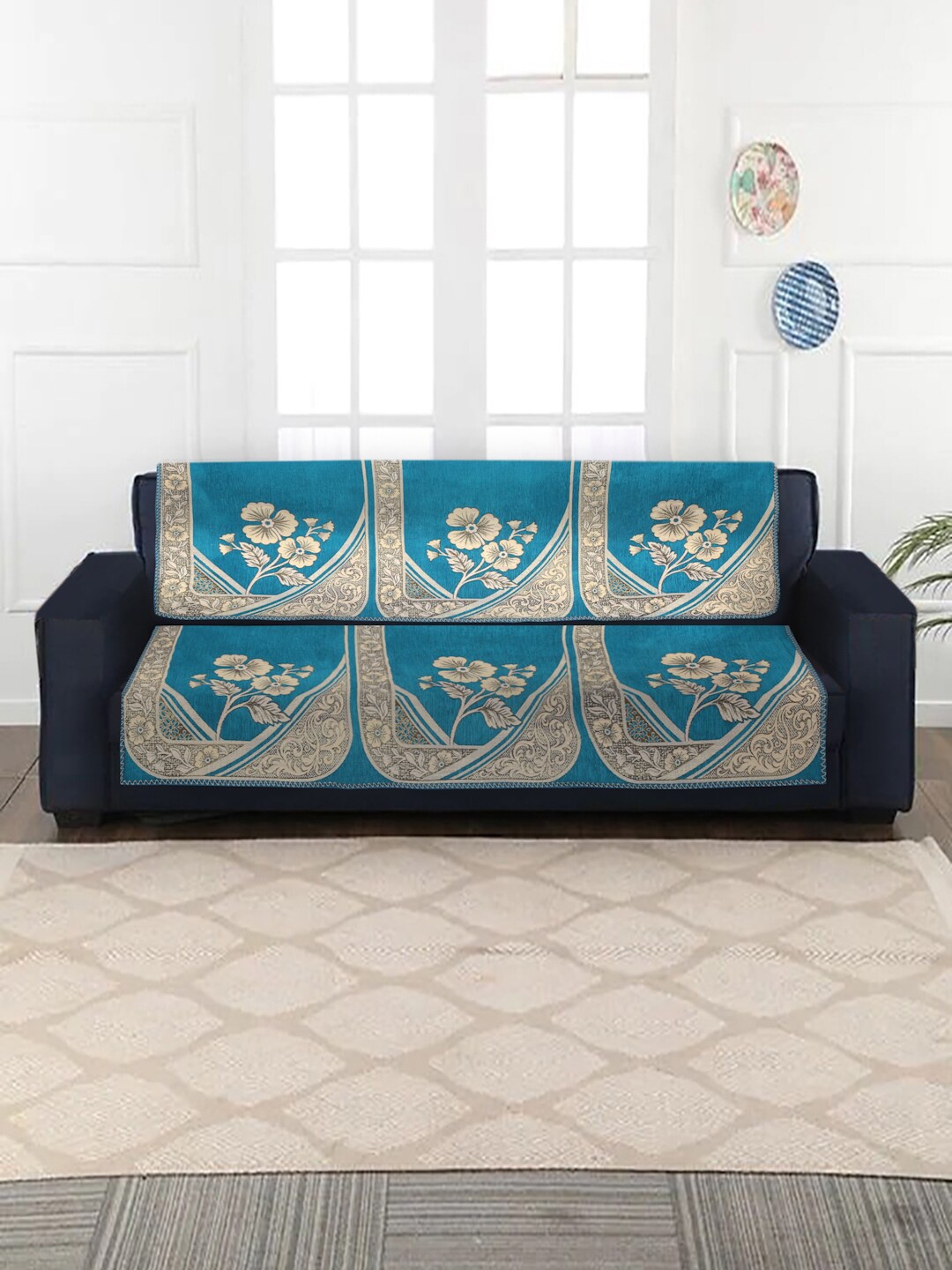 

MULTITEX Turquoise Blue & Beige Floral Printed Sofa Covers