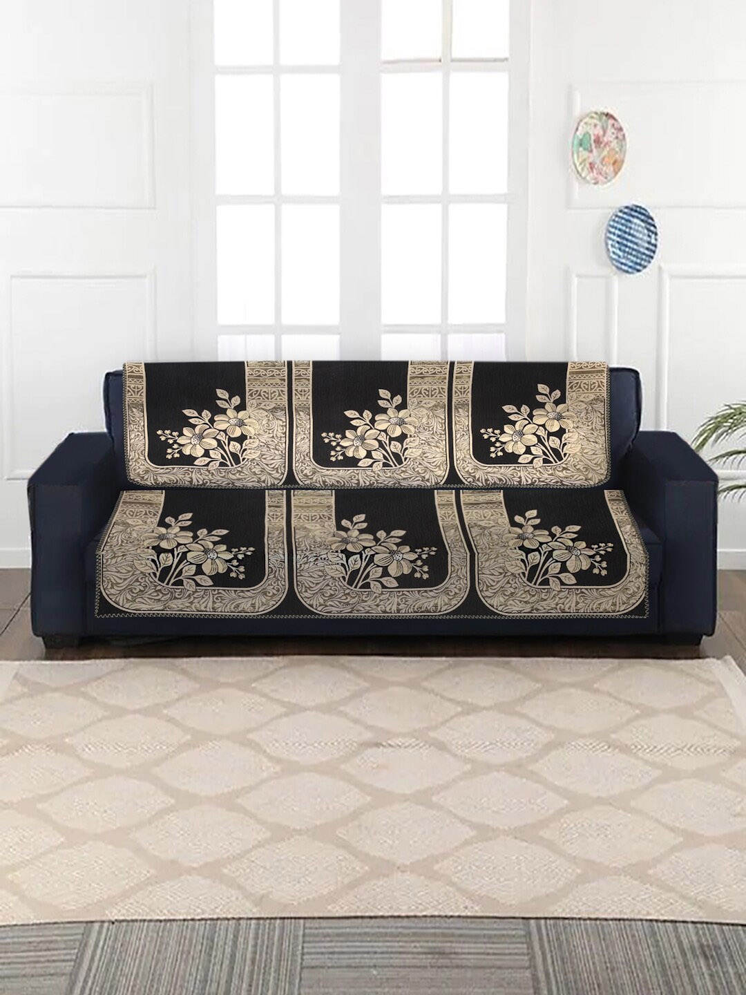 

MULTITEX Black 10 Pcs Geometric Jacquard 5-Seater Sofa Covers