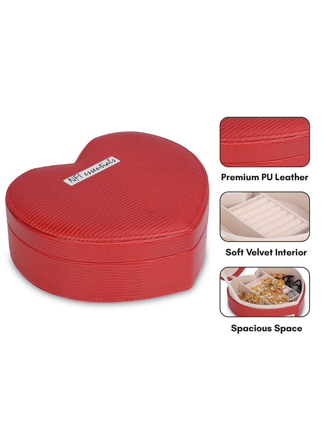 

NFI essentials Women's Red Heart Shape PU Leather Travel Jewellery Storage Box Organizer