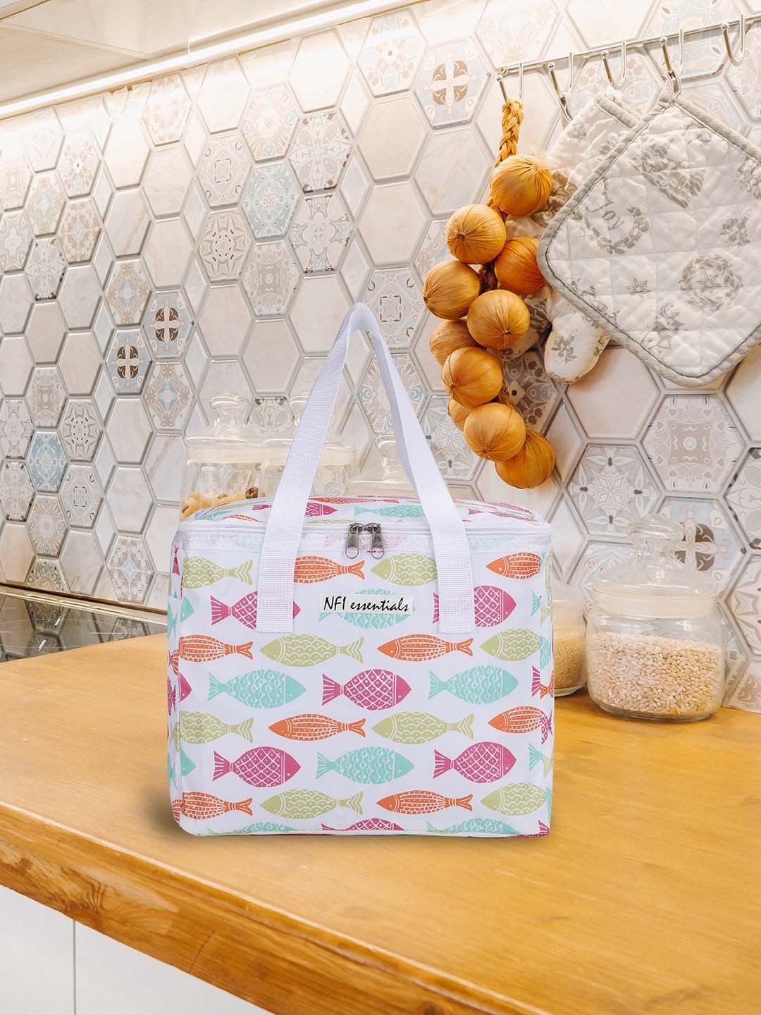

NFI essentials White & Pink Printed Lunch Bag