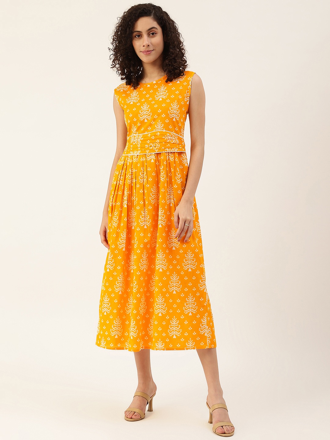 

Maaesa Orange Ethnic Motifs A-Line Midi Dress