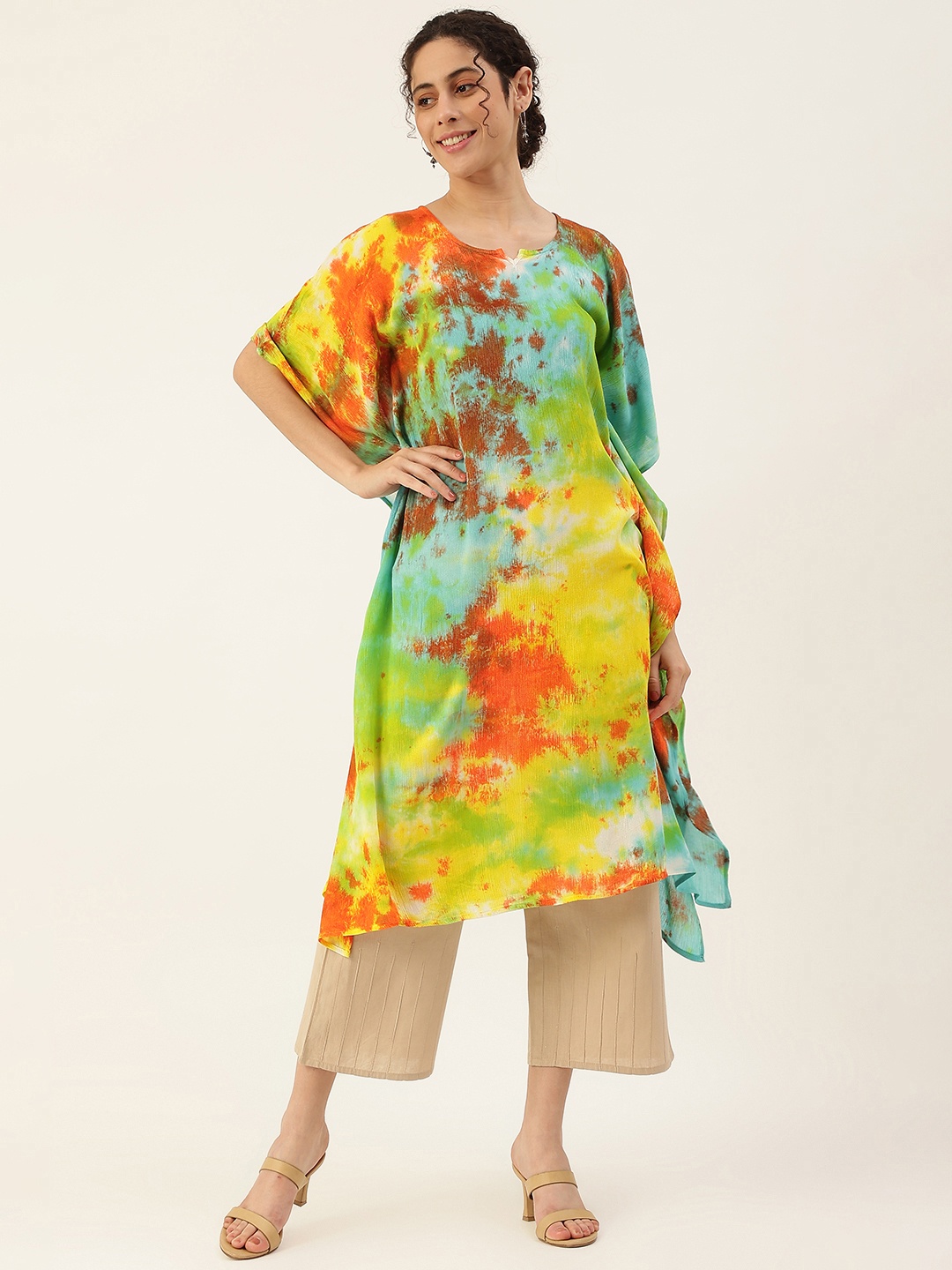 

Maaesa Women Yellow & Blue Dyed Extended Sleeves Crepe Kaftan Kurta