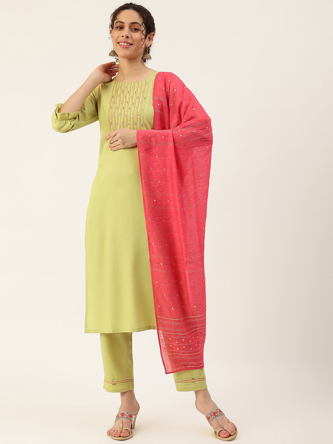 

Maaesa Women Green Woven Design Yoke Design Sequinned Kurta with Trousers & Dupatta