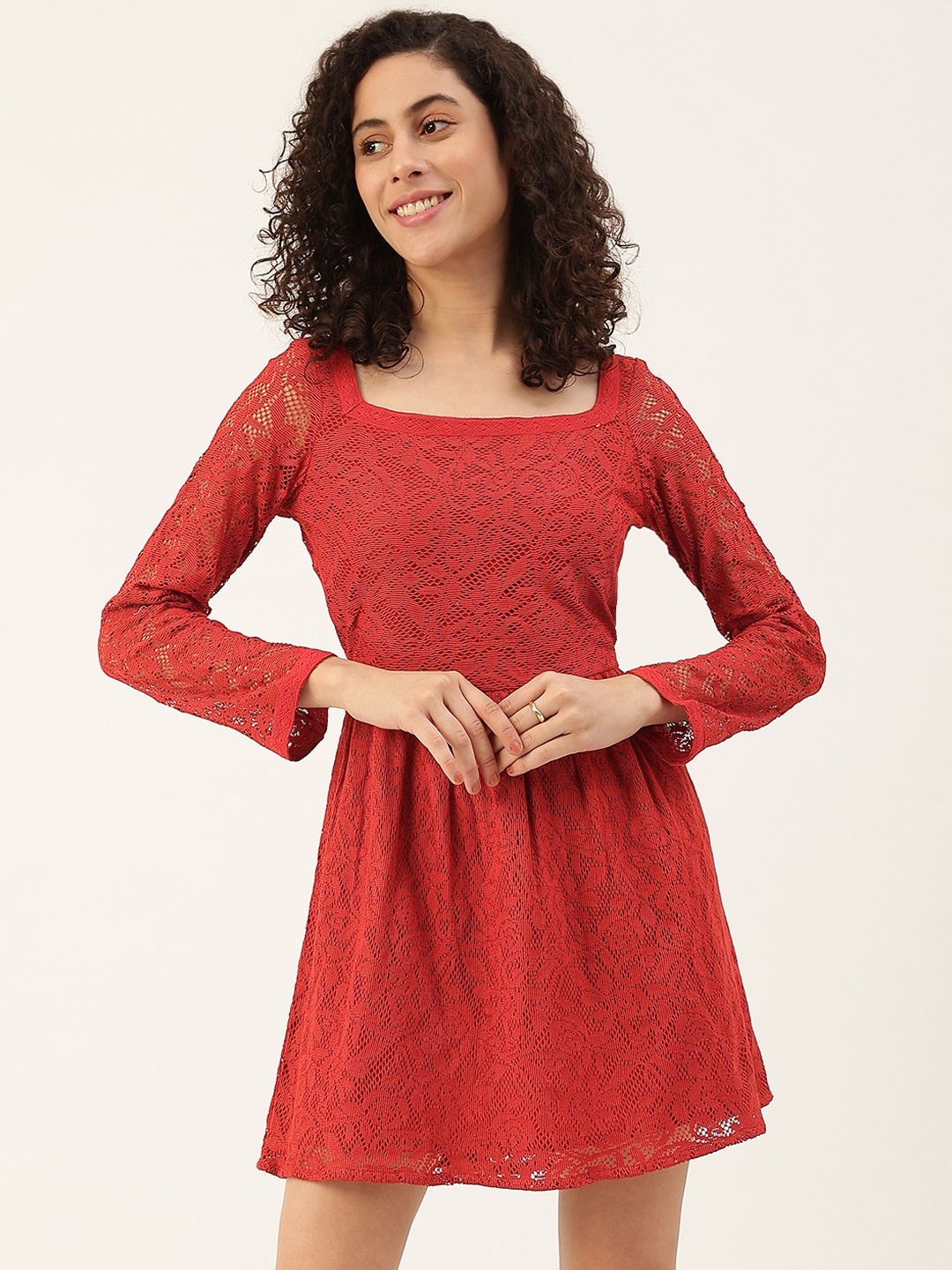 

Maaesa Women Red Lace Belted A-Line Dress