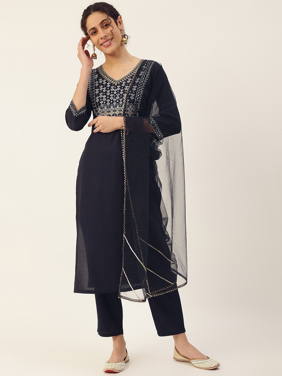 

Maaesa Women Navy Blue Ethnic Motifs Embroidered Gotta Patti Kurta with Trousers & Dupatta
