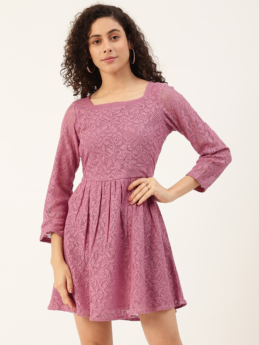 

Maaesa Women Lavender Lace Belted A-Line Dress