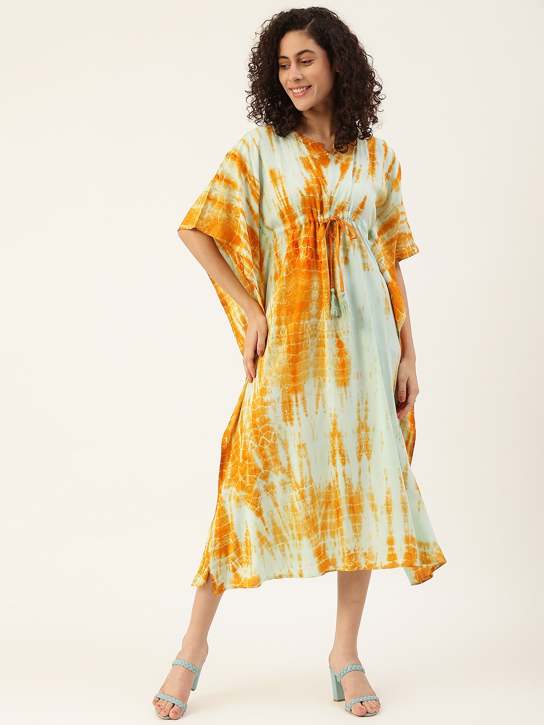 

Maaesa Women Off White & Orange Dyed Kaftan Midi Dress