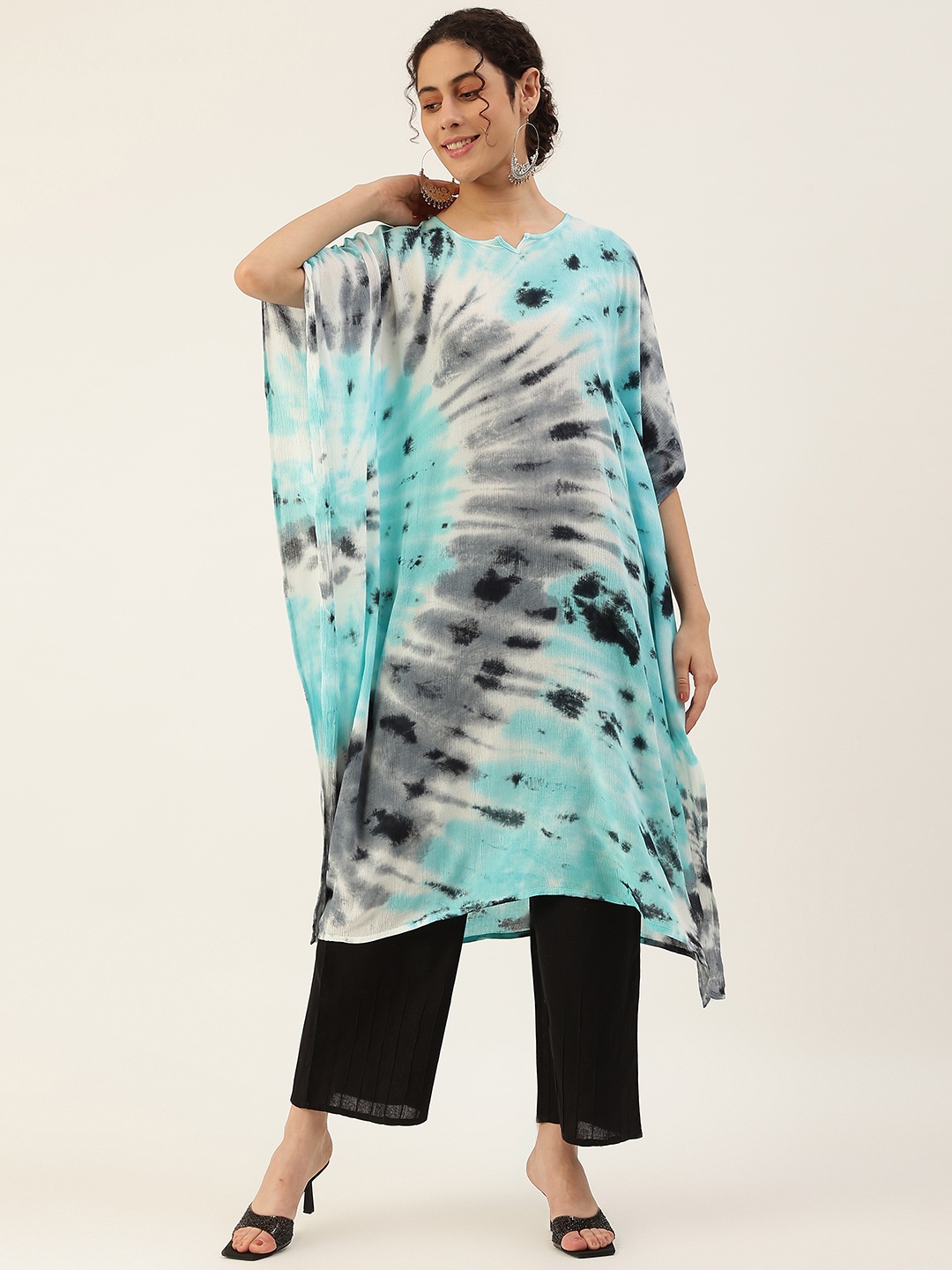 

Maaesa Women Blue & White Dyed Extended Sleeves Crepe Kaftan Kurta