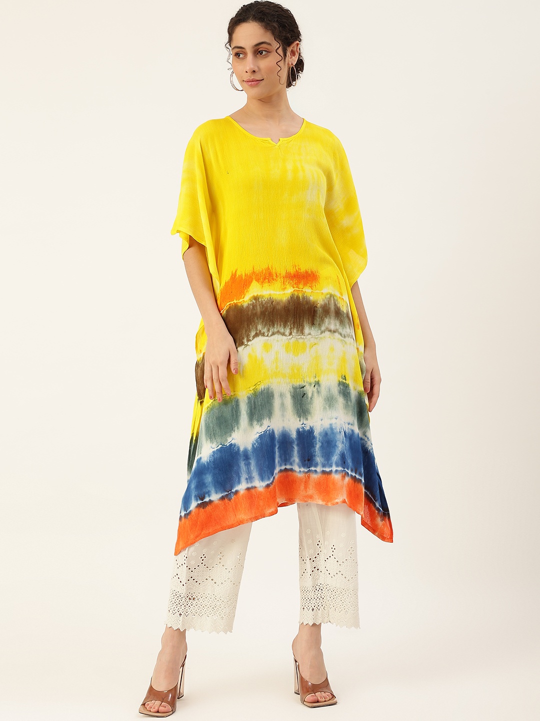 

Maaesa Women Yellow & Navy Blue Dyed Extended Sleeves Crepe Kaftan Kurta