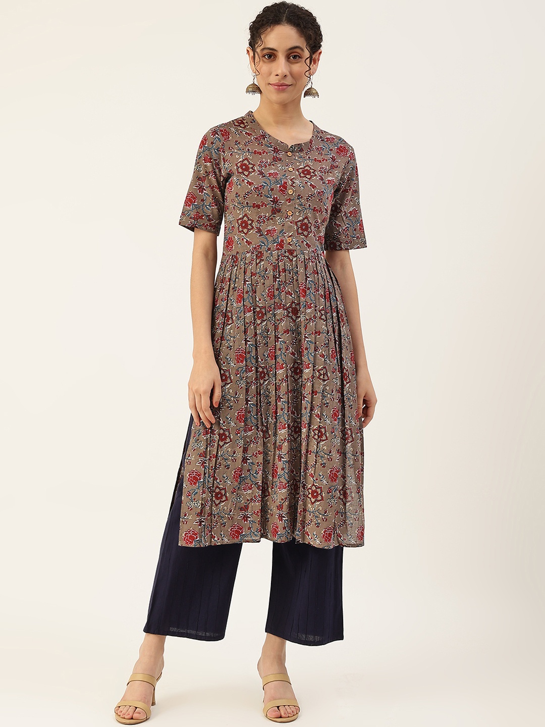 

Maaesa Women Brown & Grey Floral Printed A-Line Kurta