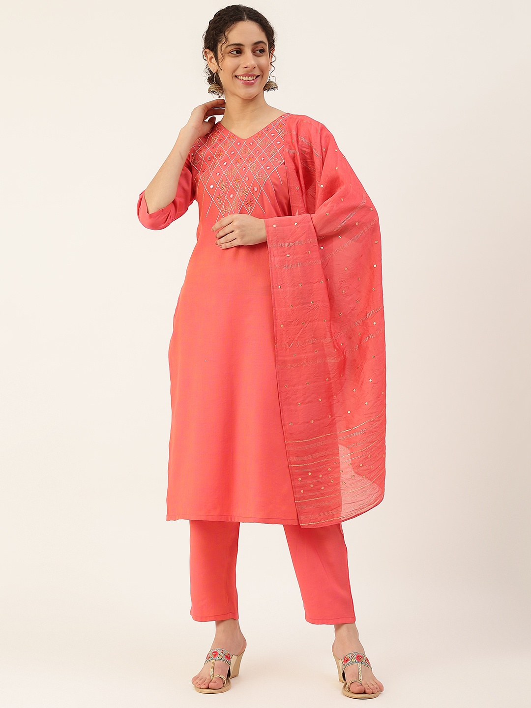 

Maaesa Women Peach-Coloured Ethnic Motifs Embroidered Kurta with Trousers & Dupatta