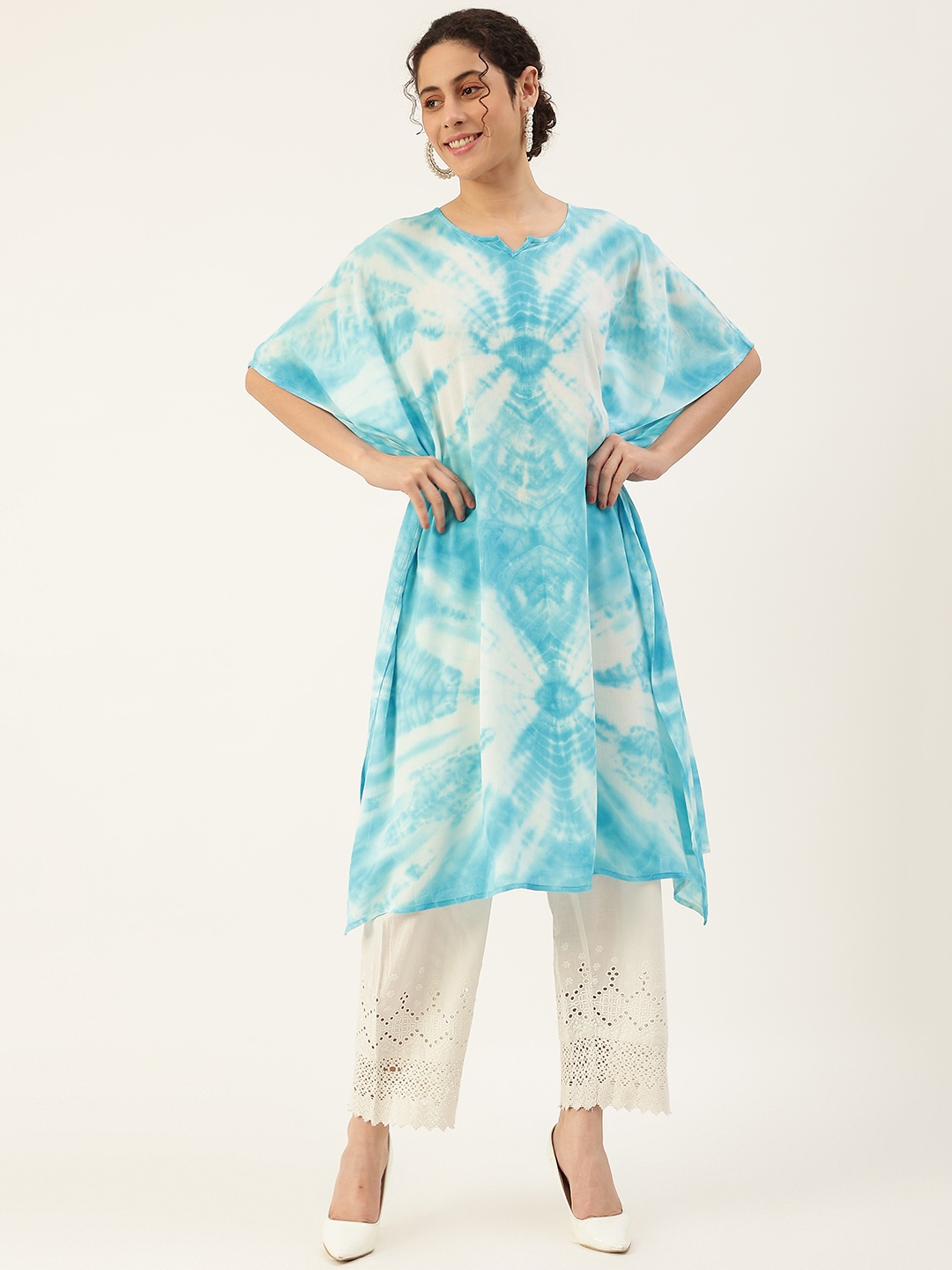 

Maaesa Women Blue & White Dyed Extended Sleeves Crepe Kaftan Kurta