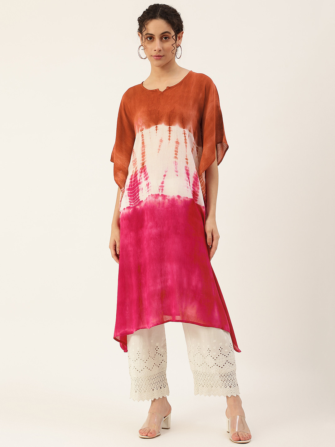 

Maaesa Women Pink & White Dyed Extended Sleeves Crepe Kaftan Kurta