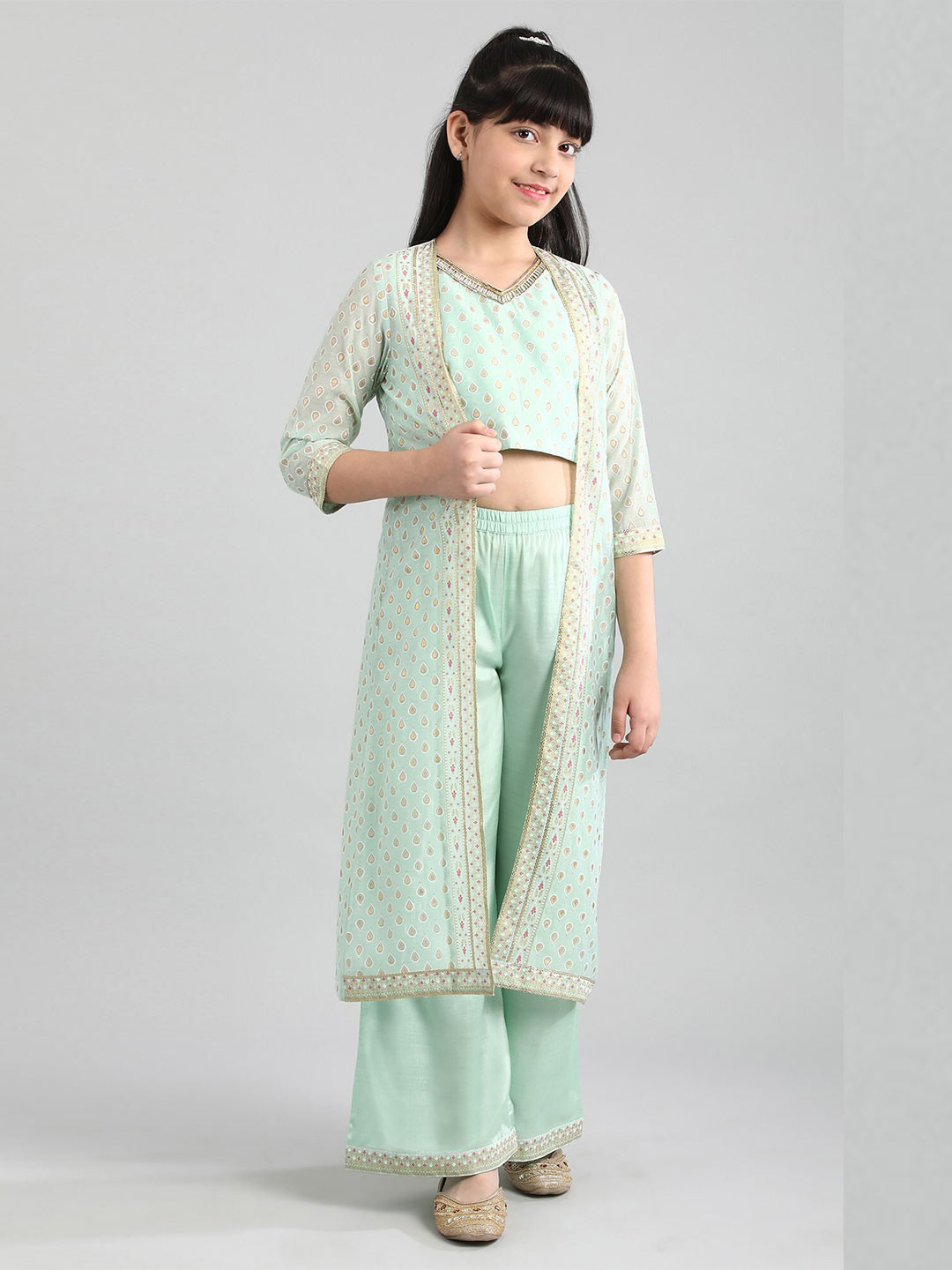 

AURELIA Girls Green Ethnic Motifs Printed Top with Palazzos