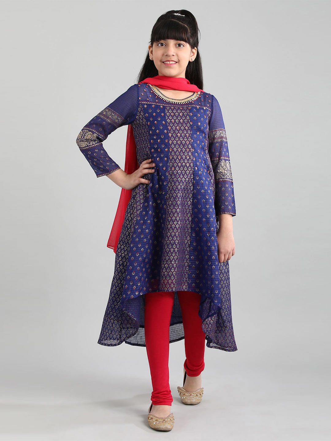 

AURELIA Girls Blue & Red Geometric Printed Kurta Set